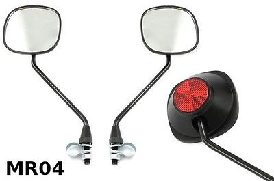 PAIR BIKE MIRRORS 9"LONG STEMS BLACK WITH SAFETY REFLECTORS MODERN-RETRO