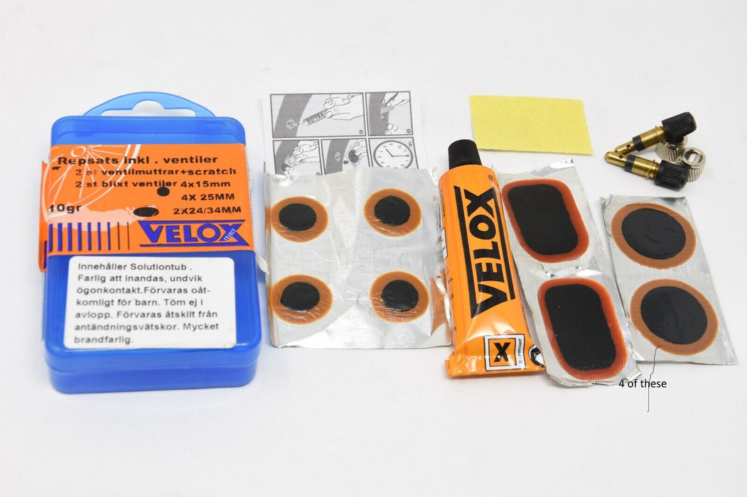 Velox Bike Inner Tube Puncture repair kit outfit with Spare Woods Valves