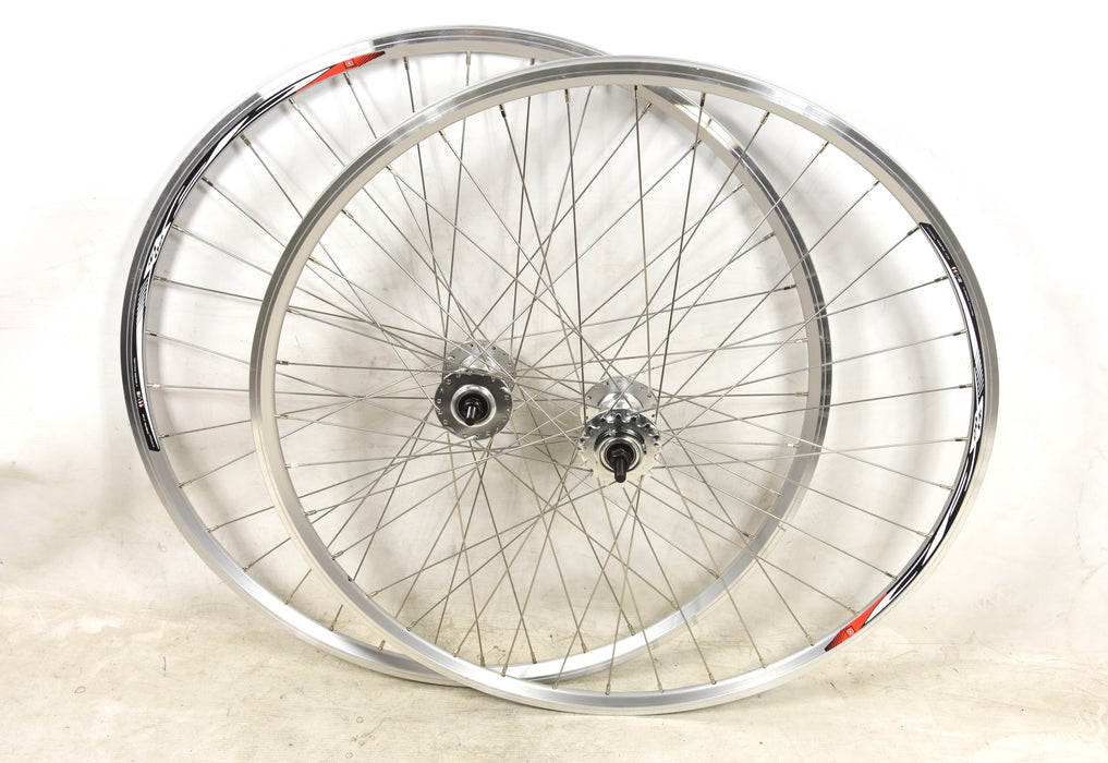 PAIR SILVER 700c 622 13 FLIP FLOP FIXIE WHEELS DOUBLE WALL RIMS STAINLESS SPOKES