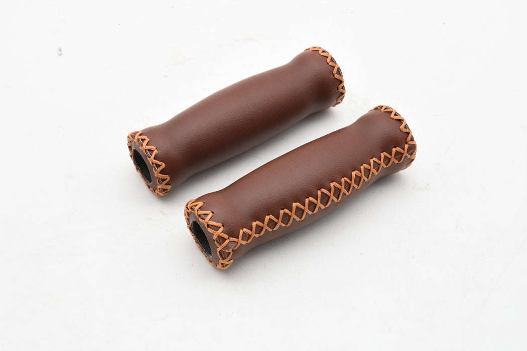 Brown Track Cruiser Beach Bike Bicycle Handlebar Grips Leather Vinyl Type Cover Stitched 125mm