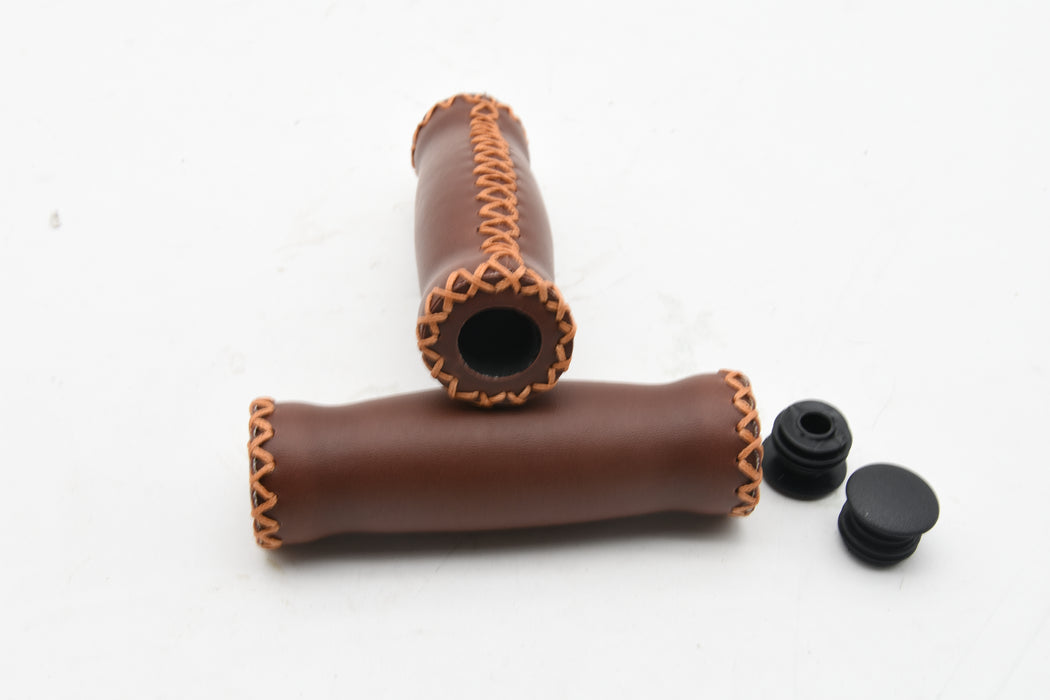 Brown Track Cruiser Beach Bike Bicycle Handlebar Grips Leather Vinyl Type Cover Stitched 125mm
