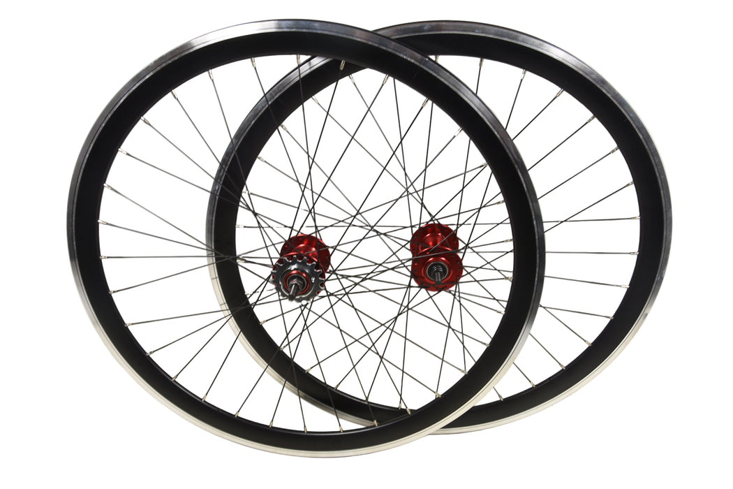 PAIR BLACK 700C FIXIE FLIP FLOP WHEELS RED SEALED HUBS 40MM DEEP RIM 622 - 15