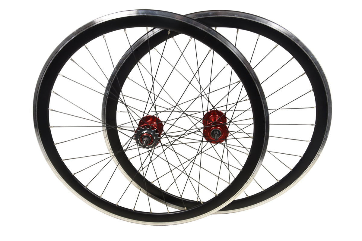 PAIR BLACK 700C FIXIE FLIP FLOP WHEELS RED SEALED HUBS 40MM DEEP RIM 6