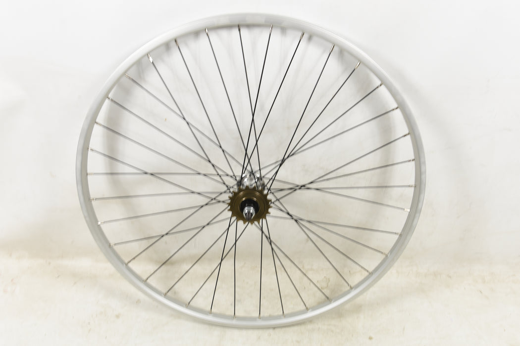 PAIR 26 x 1 3-8” WHEELS ALLOY RIMS SINGLE SPEED WITH FREEWHEEL BLACK SPOKES