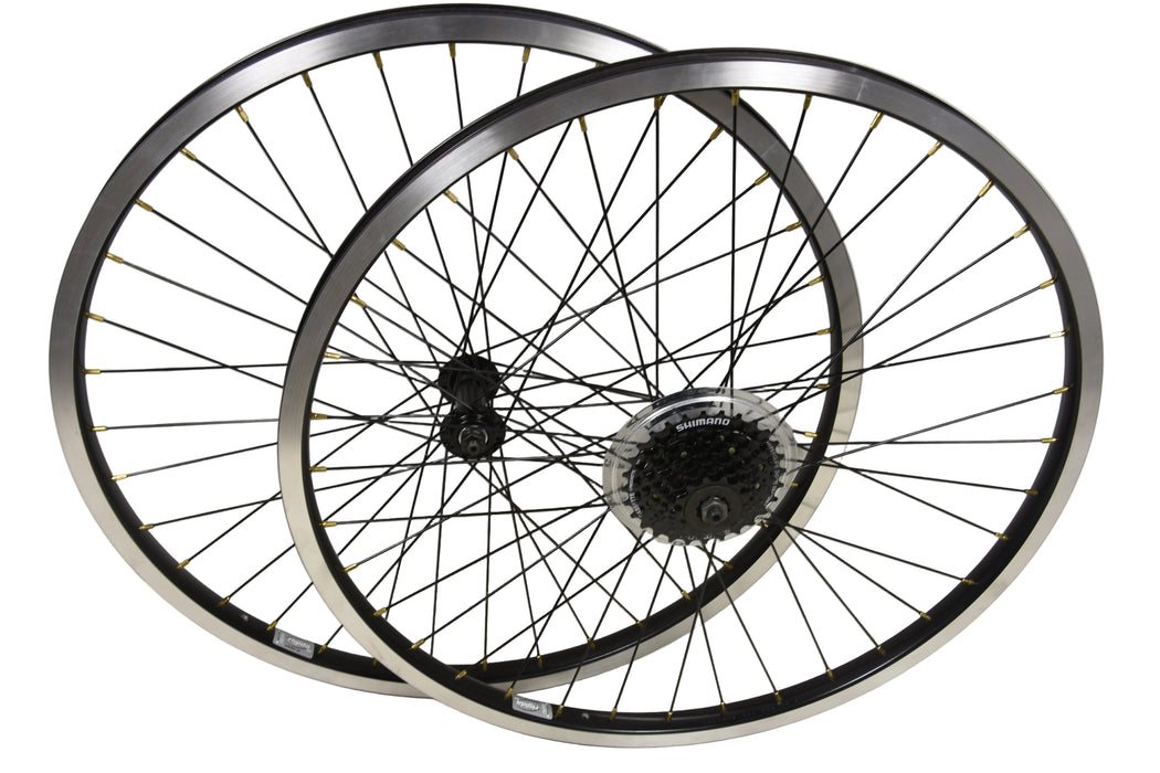 26" MTB Bike Wheels (559 X 19c) With 7 Speed Shimano Cassette Black Dual Wall Rims