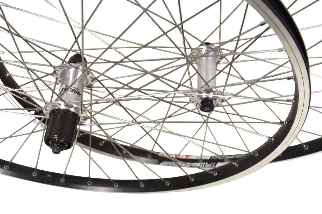 PAIR 26" MTB BIKE WHEELS SHIMANO 8-9 SPEED CASSETTE ALEX DM18 BLACK DOUBLE WALL RIMS STAINLESS SPOKES