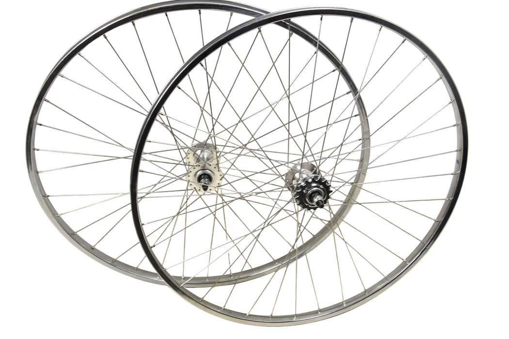PAIR FIXIE BIKE 27 x 1 1-4” FLIP FLOP WHEELS CHROME STEEL RIM FIXED OR FREEWHEEL LARGE FLANGE