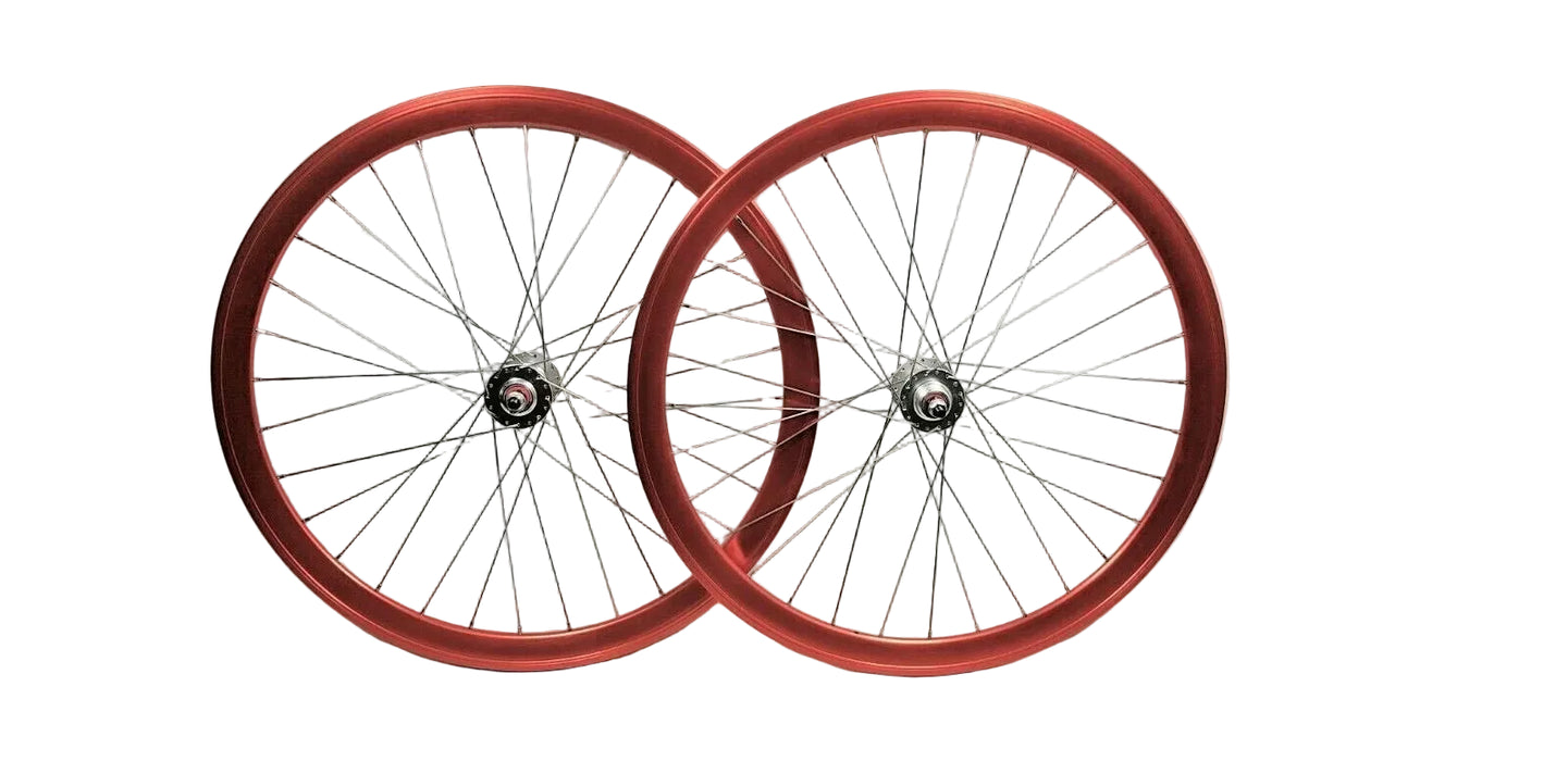 Pair 700c Fixie Flip Flop Wheels Sealed Hubs 40mm Deep Rim red pantone 485c