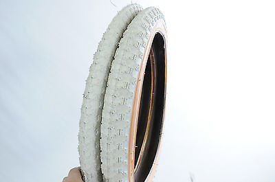 PAIR OLD SCHOOL BMX TYRES 20"x 2.125” WHITE AMBER WALL COMP III TYPE RALEIGH BUR