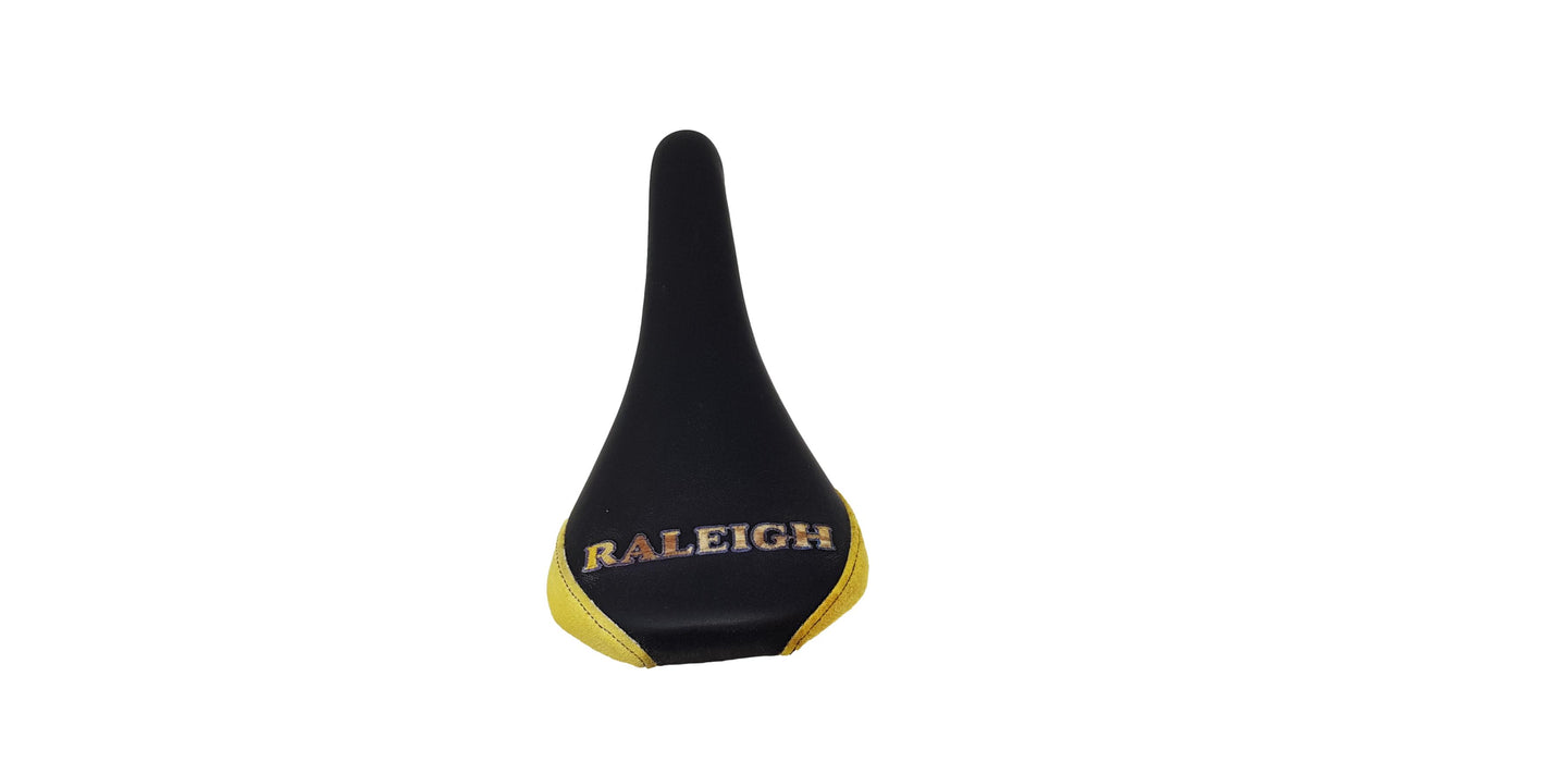 Raleigh Embroidered Saddle For Mountain Bike, Fixie, Any Bike Black & Yellow NOS