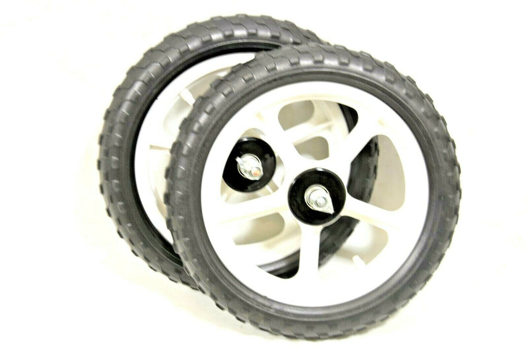 Two 12" Front White 300mm Mag Wheels With PU Tyres For Scooters, Go Karts, Trolleys