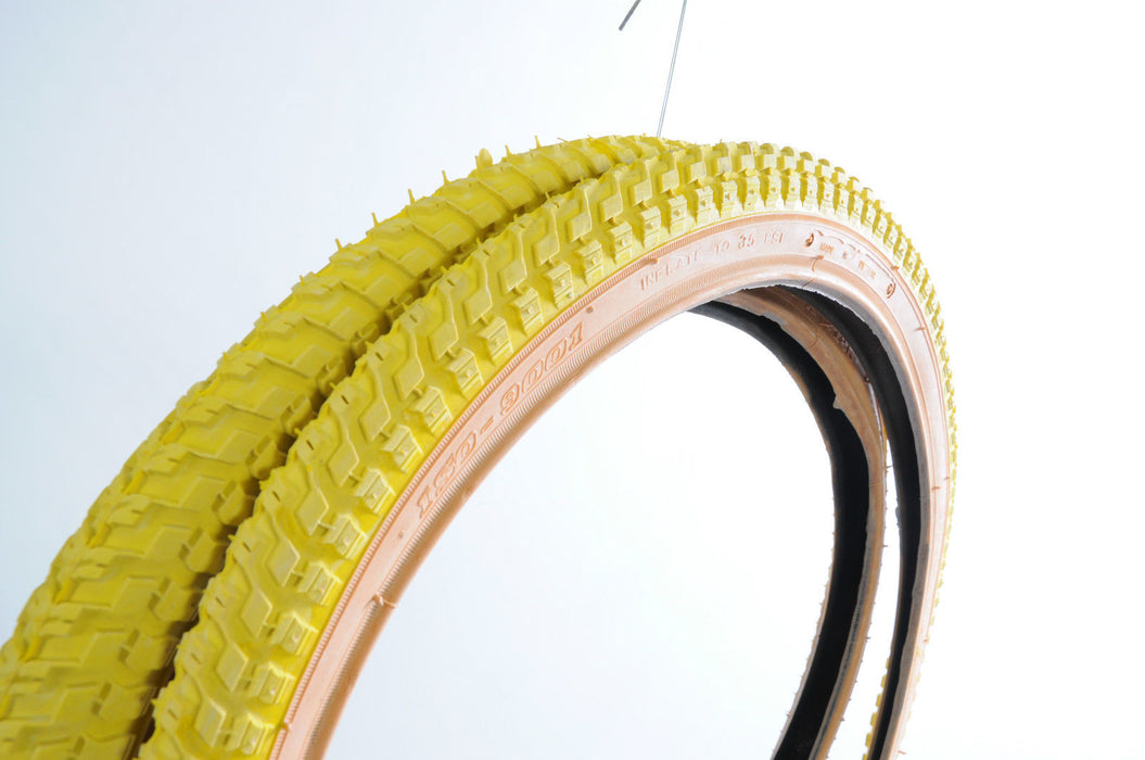 SET 20 x 1.75 AND 20 x 2.125 OLD SCHOOL BMX "SNAKE BELLY" TYRES YELLOW AMBERWALL