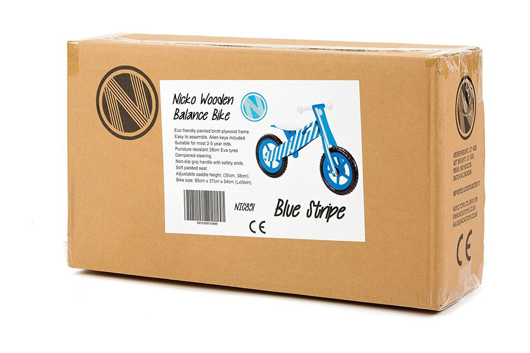 BOYS BLUE STRIPE BALANCE BIKE,TOP QUALITY WOODEN KIDS CHILDREN’S LEARNING CYCLE