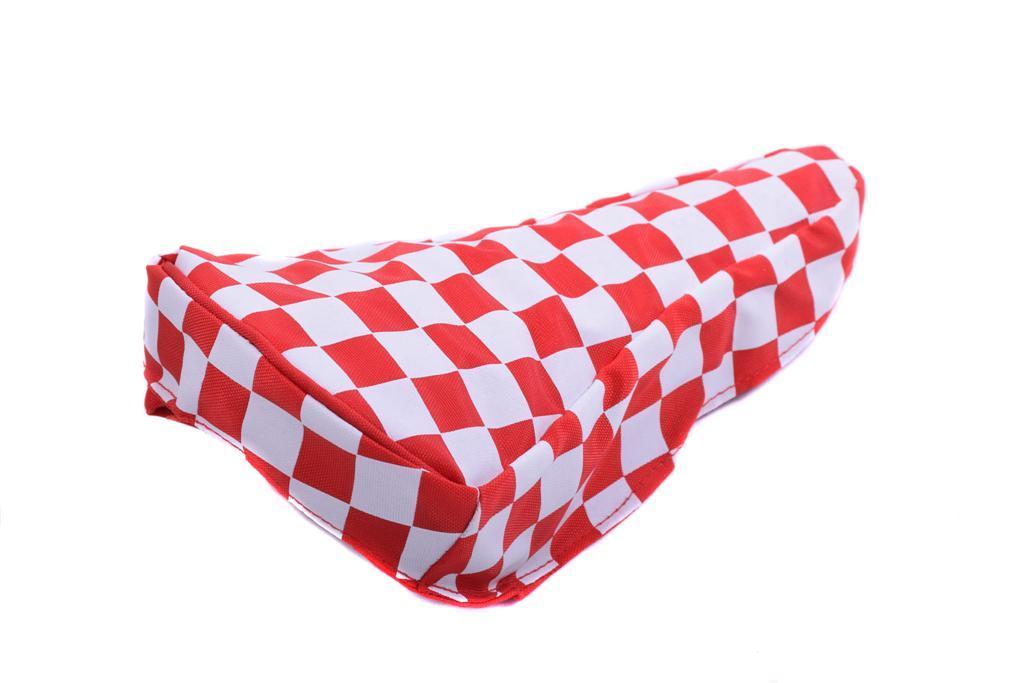 RED & WHITE CHEQUERED BIKE SEAT COVER RETRO SUIT BMX, MTB OR ANY CYCLE SADDLE