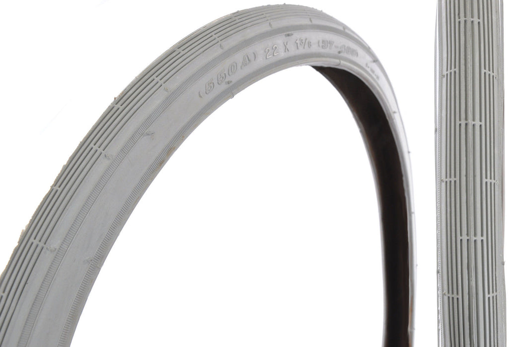PAIR GREY 22 x 1 3-8" (37-489) 550a VINTAGE BIKE TYRES WITH STRAIGHT LINE TREAD
