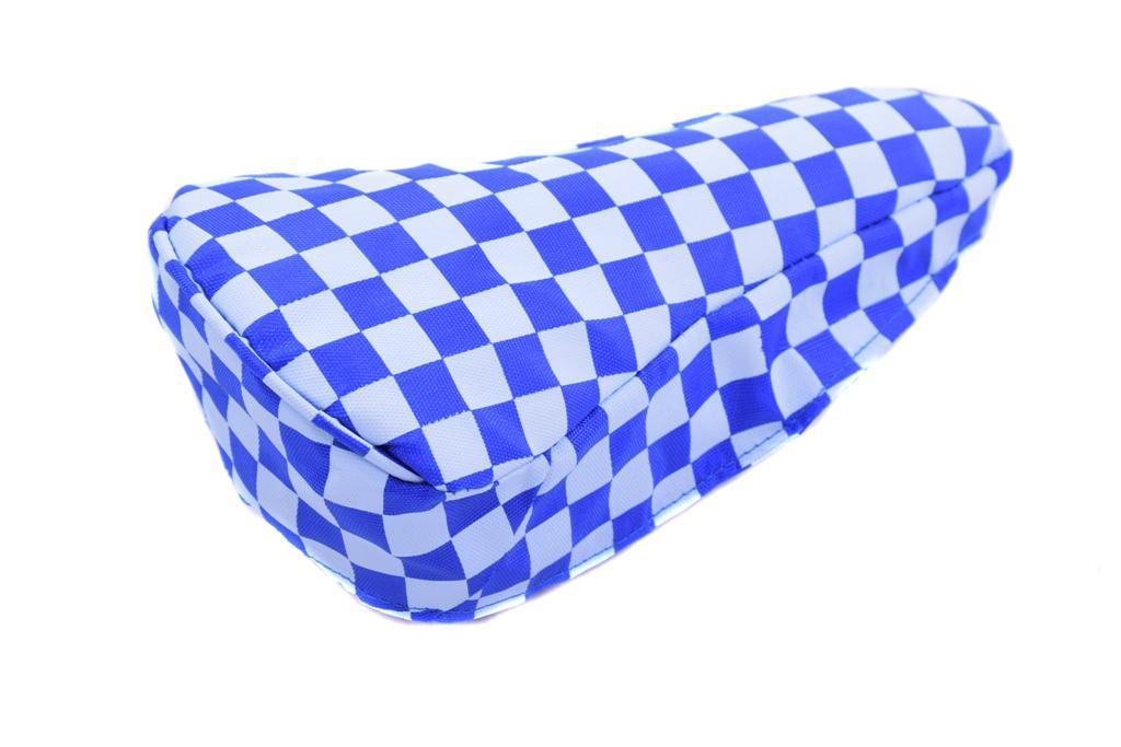 BLUE & WHITE CHEQUERED BIKE SEAT COVER RETRO SUIT BMX, MTB OR ANY CYCLE SADDLE