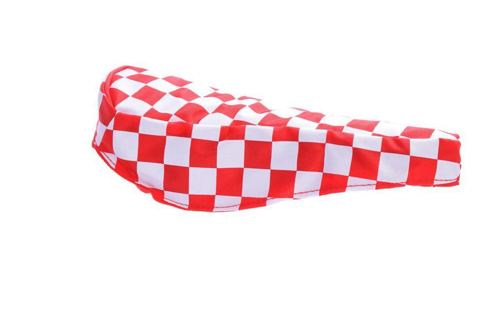 RED & WHITE CHEQUERED BIKE SEAT COVER RETRO SUIT BMX, MTB OR ANY CYCLE SADDLE