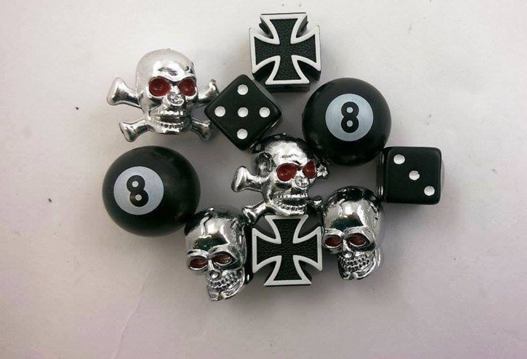 SET 5 PAIRS BMX-BIKE VALVE CAPS;SKULL, DA BOMB, DICE, NO 8, CROSSBONES SALE 75%