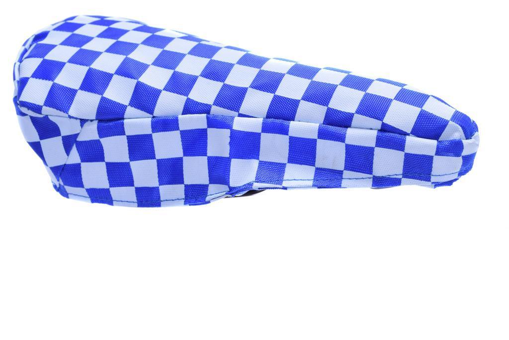BLUE & WHITE CHEQUERED BIKE SEAT COVER RETRO SUIT BMX, MTB OR ANY CYCLE SADDLE