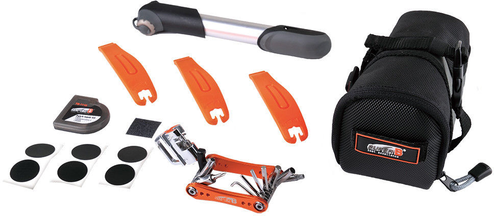 SUPER B ESSENTIAL TOOL KIT ULTIMATE SET COMPLETE WITH UNDER SEAT BAG & PUMP TB-96710