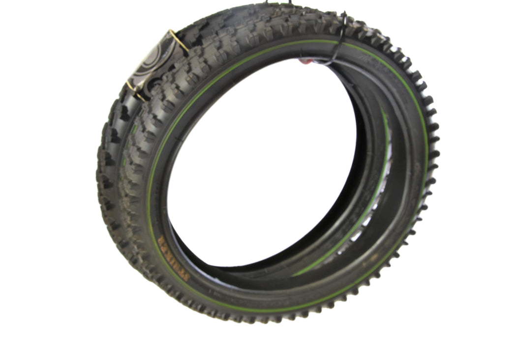Pair (2) 16 x 2.00 (54–305) Raleigh Striker Bike Tyres With Different Treads & Green Line