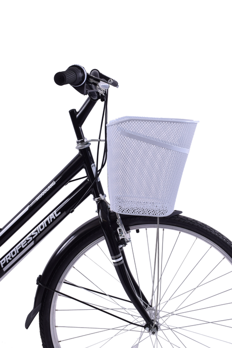 VERY STRONG LARGE FRONT FITTING BIKE SHOPPING BASKET STEEL WIRE MESH COMPLETE WITH SUPPORT WHITE