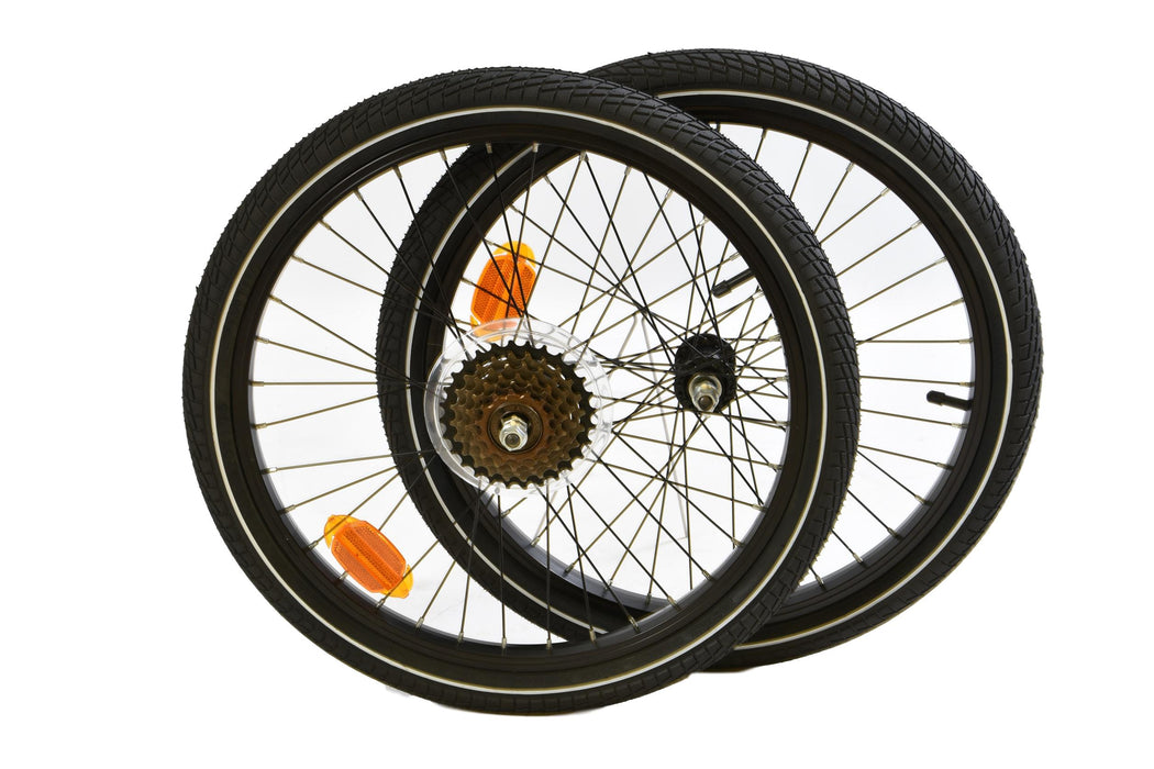 FOLDING BIKE 6 SPEED ALLOY WHEEL SET 20 x 1.75 406, 84mm FRONT WITH TYRES & TUBES