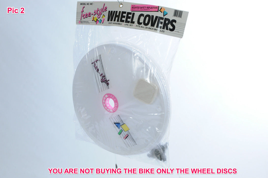 FULL SET OF WHITE BMX WHEEL DISC’s (4) FOR ANY 20” WHEEL CYCLE CHOICE OF STICKER