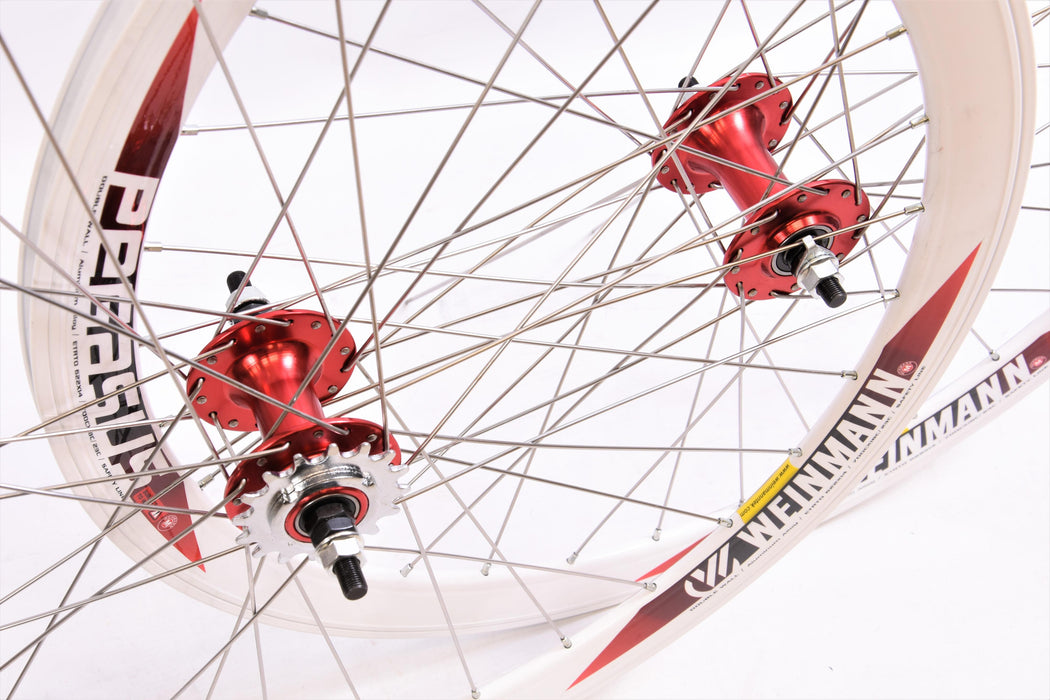 Pair 700c Fixie Flip Flop Wheels Sealed Red Hubs Weinmann White 40mm Deep Section Rim
