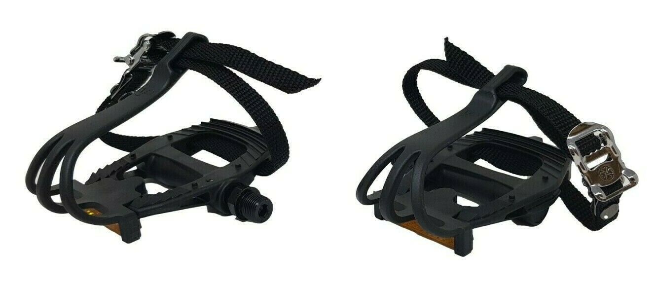 9-16" Road Racing Bike Resin Pedals Fitted With Toe Clips & Toe Straps