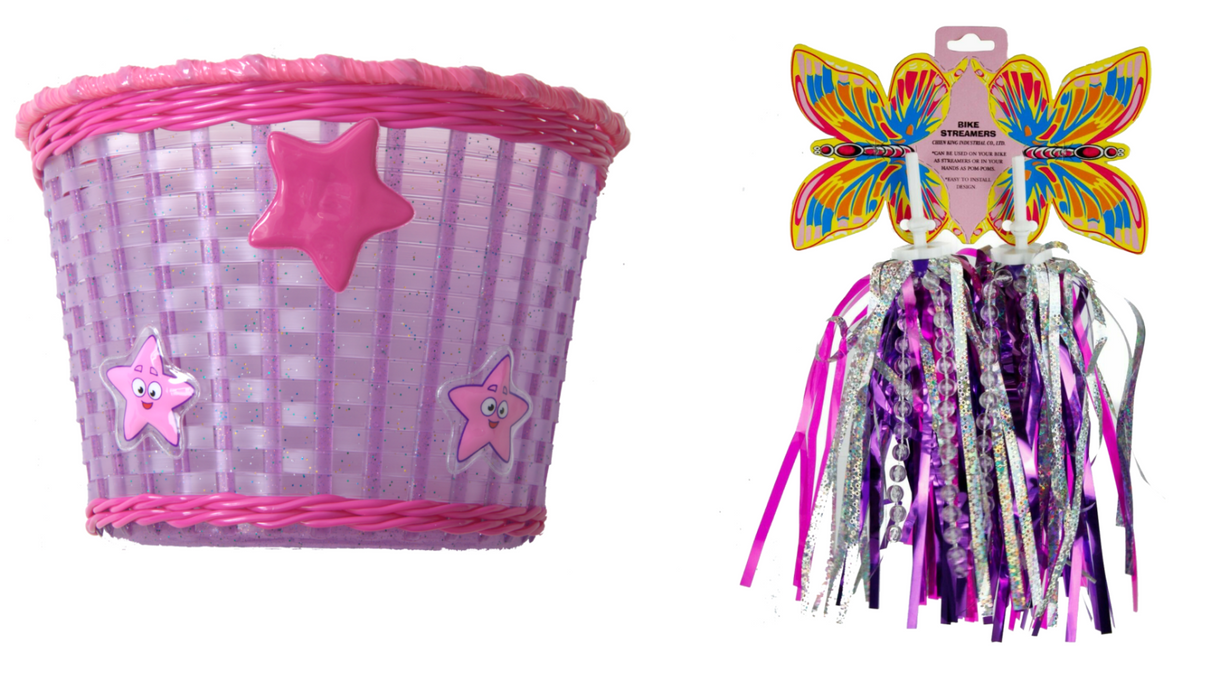 Child's - Kids Pink Glitter Stars Front Shopping Bike - Bicycle Basket