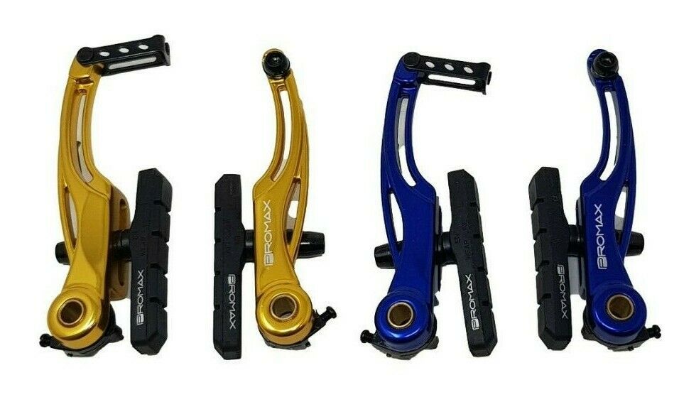 PROMAX P-1 FRONT / REAR ALLOY V BRAKE ARMS 108MM IN GOLD OR BLUE WITH BRAKE PADS
