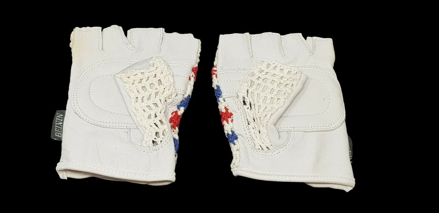 PAIR OF TRACK BIKE CROCHET LEATHER PALM CYCLE MITTS WHITE - CHOOSE SIZE: SMALL OR LARGE