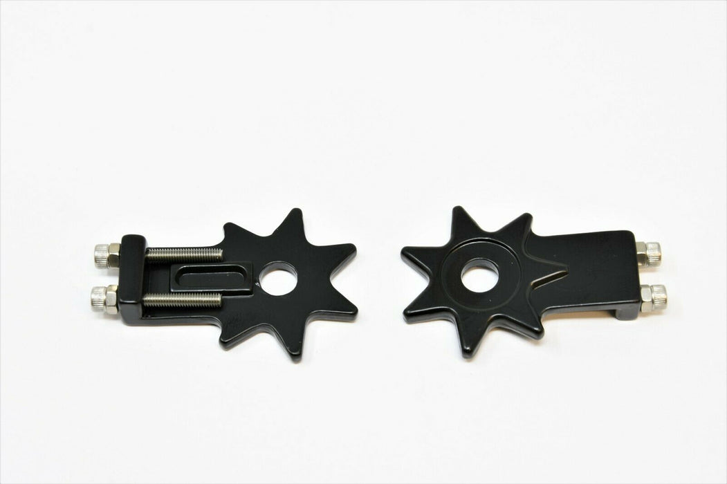 PAIR BMX BIKE BICYCLE STAR SPUR CHAIN ADJUSTERS TENSIONERS 10MM AXLE ALLOY BLACK