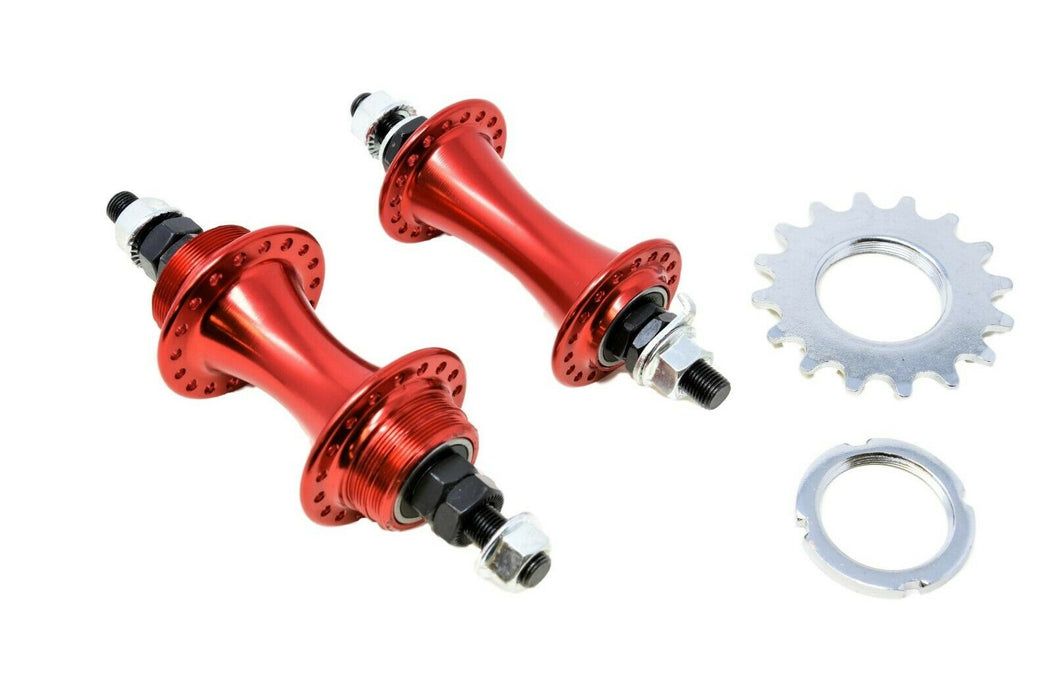 PAIR FIXIE BIKE RED FLIP FLOP HUBS ALLOY FRONT & REAR SEALED BEARINGS FIXED COG