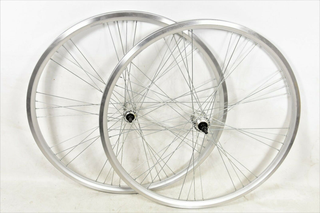PAIR 700C WHEELS DEEP SECTION 9 X 4 SPOKE SILVER (622 X 19)130MM OLD 5/6/7 SPEED