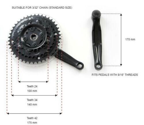 Neco Bicycle 24/34/42T Steel Triple Bike Chain Set 170mm Crank In Black